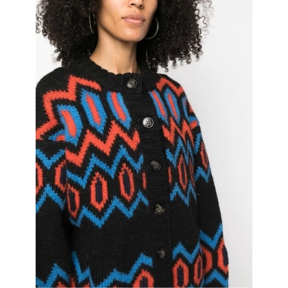 GANNI Black Red Blue Intarsia Organic Wool Chunky Knit Oversize Cardigan Sweater - Picture 8 of 11